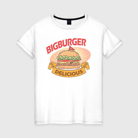 Женская футболка хлопок с принтом Delicious Burger в Кировске, 100% хлопок | прямой крой, круглый вырез горловины, длина до линии бедер, слегка спущенное плечо | burgers | delicious | hot dog | вредная еда | еда