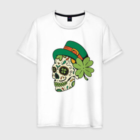 Мужская футболка хлопок с принтом Череп в стиле Святого Патрика в Кировске, 100% хлопок | прямой крой, круглый вырез горловины, длина до линии бедер, слегка спущенное плечо. | calavera | clover | ireland | irish | kiss me im irish | lucky | muertos | skulls | st patrick | sugar skull | день мёртвых | день святого патрика | ирландец | ирландия | калавера | клевер | сахарный череп | удача | череп в шляпе | черепа | чет