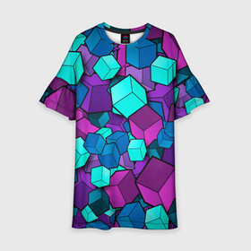 Детское платье 3D с принтом СИРЕНЕВЫЕ КУБЫ в Кировске, 100% полиэстер | прямой силуэт, чуть расширенный к низу. Круглая горловина, на рукавах — воланы | blue | cube | geometry | геометрия | квадраты | кубики | кубы | паттерн | синий | сиреневый | текстуры | фиолетовый