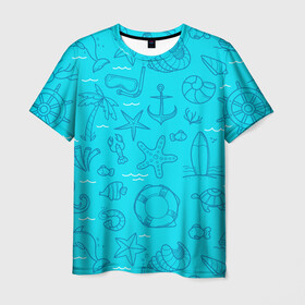 Мужская футболка 3D с принтом Морская тема в Кировске, 100% полиэфир | прямой крой, круглый вырез горловины, длина до линии бедер | креветки | круг | морская живность | морское | пальмы | раки | ракушки | рыбы | спасательный | черепашки | штурвал