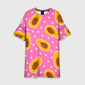 Детское платье 3D с принтом Папайя на розовом в Кировске, 100% полиэстер | прямой силуэт, чуть расширенный к низу. Круглая горловина, на рукавах — воланы | Тематика изображения на принте: papaya | морская | папайя | паттерн | с папаем | фрукт