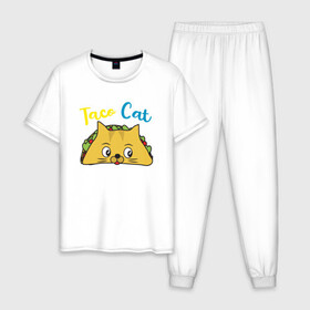 Мужская пижама хлопок с принтом Taco Cat в Кировске, 100% хлопок | брюки и футболка прямого кроя, без карманов, на брюках мягкая резинка на поясе и по низу штанин
 | Тематика изображения на принте: animal | cat | cute | kitty | meow | taco | друг | животные | киска | китти | кот | котенок | котик | котэ | кошечка | кошка | милый | мур | мяу | питомец | тако