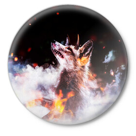 Значок с принтом Лиса с рогами в Кировске,  металл | круглая форма, металлическая застежка в виде булавки | fox | foxy | животное | звери | лиса | лисенок | лисичка | милая | рыжая | фокс
