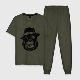 Мужская пижама хлопок с принтом Gorilla в Кировске, 100% хлопок | брюки и футболка прямого кроя, без карманов, на брюках мягкая резинка на поясе и по низу штанин
 | Тематика изображения на принте: горилла | обезьяна | очки | шляпа