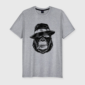 Мужская футболка хлопок Slim с принтом Gorilla в Кировске, 92% хлопок, 8% лайкра | приталенный силуэт, круглый вырез ворота, длина до линии бедра, короткий рукав | Тематика изображения на принте: горилла | обезьяна | очки | шляпа