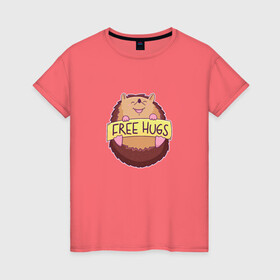 Женская футболка хлопок с принтом Бесплатные обнимашки Free Hugs в Кировске, 100% хлопок | прямой крой, круглый вырез горловины, длина до линии бедер, слегка спущенное плечо | animal | animals | cute | hedgehog | kawaii | smile | ежи | ёжик | ёжик улыбается | ёжики | животные | колючки | люблю обниматься | люблю обнимашки | милота | милый ёжик | объятия | розовые лапки | смешной ёжик | табличка