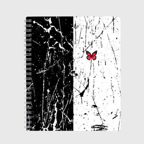 Тетрадь с принтом ЧБ ГРАНЖ RED BUTTERFLY (Z) в Кировске, 100% бумага | 48 листов, плотность листов — 60 г/м2, плотность картонной обложки — 250 г/м2. Листы скреплены сбоку удобной пружинной спиралью. Уголки страниц и обложки скругленные. Цвет линий — светло-серый
 | abstract | geometry | geometry stripes | grunge | red butterfly | texture | абстракция | бабочка | брызги | геометрические полосы | геометрия | гранж | краска | красная бабочка | потертости | текстура