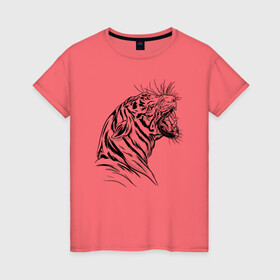 Женская футболка хлопок с принтом Чёрно белый рисунок тигра в Кировске, 100% хлопок | прямой крой, круглый вырез горловины, длина до линии бедер, слегка спущенное плечо | art | black and white | hunter | pantera | panthera | predator | russian tiger | tiger | амурский тигр | большая киса | большая кошка | иллюстрация | красная книга | охотник | пантера | полосатый тигр | русский тигр | рык