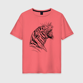 Женская футболка хлопок Oversize с принтом Чёрно белый рисунок тигра в Кировске, 100% хлопок | свободный крой, круглый ворот, спущенный рукав, длина до линии бедер
 | art | black and white | hunter | pantera | panthera | predator | russian tiger | tiger | амурский тигр | большая киса | большая кошка | иллюстрация | красная книга | охотник | пантера | полосатый тигр | русский тигр | рык