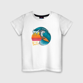 Детская футболка хлопок с принтом Акула серфер в Кировске, 100% хлопок | круглый вырез горловины, полуприлегающий силуэт, длина до линии бедер | Тематика изображения на принте: shark | surf | акула | акулы | жители | клыки | море | морские | океан | рыба | серфер