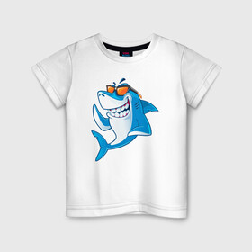 Детская футболка хлопок с принтом Акула в очках в Кировске, 100% хлопок | круглый вырез горловины, полуприлегающий силуэт, длина до линии бедер | Тематика изображения на принте: shark | акула | акулы | жители | клыки | море | морские | океан | рыба