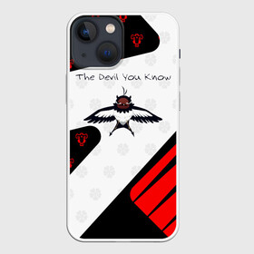 Чехол для iPhone 13 mini с принтом The Devil You Know в Кировске,  |  | Тематика изображения на принте: asta | black bulls | black clover | quartet knights | yuno | акума | аниме | аста | блэк кловер | буракку куро:ба | демон | королевство клевера | король магов | лихт | магна | манга | пятилистник | черный бык | чёрный клев