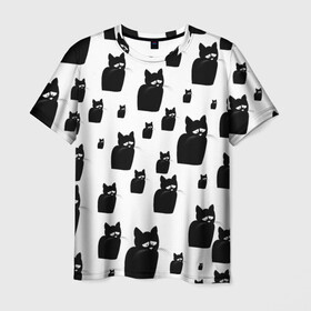 Мужская футболка 3D с принтом Принт из грустных черных котов в Кировске, 100% полиэфир | прямой крой, круглый вырез горловины, длина до линии бедер | грустный | кот | черный