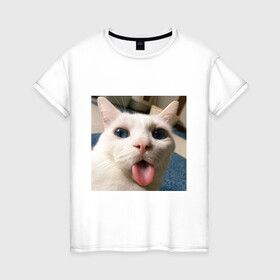 Женская футболка хлопок с принтом Мем про кота в Кировске, 100% хлопок | прямой крой, круглый вырез горловины, длина до линии бедер, слегка спущенное плечо | белый киса | кашель | кот | мем | мерзость | милый | прикол | эмоции