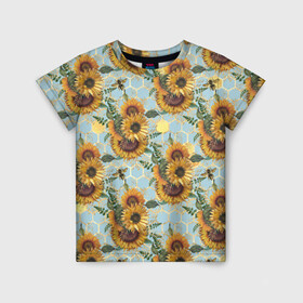 Детская футболка 3D с принтом Подсолнухи и пчёлы на голубом в Кировске, 100% гипоаллергенный полиэфир | прямой крой, круглый вырез горловины, длина до линии бедер, чуть спущенное плечо, ткань немного тянется | Тематика изображения на принте: bee | bees | blue sky | fashion | flowers | flowers lovers | honey | sunflower | sunflowers | букет подсолнухов | весенние подсолнухи | голубое небо | жёлтые подсолнухи | летние подсолнухи | летние цветы | мёд | медовые соты