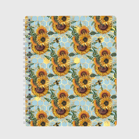 Тетрадь с принтом Подсолнухи и пчёлы на голубом в Кировске, 100% бумага | 48 листов, плотность листов — 60 г/м2, плотность картонной обложки — 250 г/м2. Листы скреплены сбоку удобной пружинной спиралью. Уголки страниц и обложки скругленные. Цвет линий — светло-серый
 | bee | bees | blue sky | fashion | flowers | flowers lovers | honey | sunflower | sunflowers | букет подсолнухов | весенние подсолнухи | голубое небо | жёлтые подсолнухи | летние подсолнухи | летние цветы | мёд | медовые соты