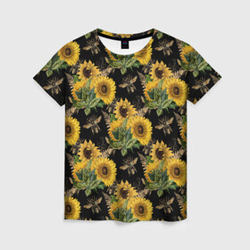 Женская футболка 3D с принтом Fashion Sunflowers and bees в Кировске, 100% полиэфир ( синтетическое хлопкоподобное полотно) | прямой крой, круглый вырез горловины, длина до линии бедер | black | fashion | flowers | flowers lovers | sunflower | sunflowers | букет подсолнухов | весенние подсолнухи | жёлтые подсолнухи | летние подсолнухи | летние цветы | насекомые | подсолнечник | подсолнухи