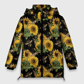 Женская зимняя куртка Oversize с принтом Fashion Sunflowers and bees в Кировске, верх — 100% полиэстер; подкладка — 100% полиэстер; утеплитель — 100% полиэстер | длина ниже бедра, силуэт Оверсайз. Есть воротник-стойка, отстегивающийся капюшон и ветрозащитная планка. 

Боковые карманы с листочкой на кнопках и внутренний карман на молнии | black | fashion | flowers | flowers lovers | sunflower | sunflowers | букет подсолнухов | весенние подсолнухи | жёлтые подсолнухи | летние подсолнухи | летние цветы | насекомые | подсолнечник | подсолнухи