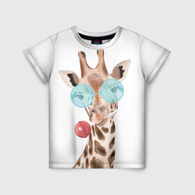 Детская футболка 3D с принтом Жираф в очках в Кировске, 100% гипоаллергенный полиэфир | прямой крой, круглый вырез горловины, длина до линии бедер, чуть спущенное плечо, ткань немного тянется | животные | жираф | звери | конфета | очки | чупа чупс