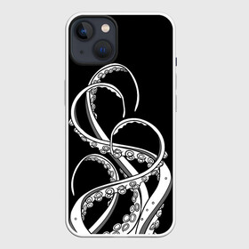 Чехол для iPhone 13 с принтом Octopus Black and White в Кировске,  |  | Тематика изображения на принте: fish | kraken | ocean spirit | octopus | sea | summer | вода | водный мир | животные | зверь | кальмар | кракен | лето | монстр | море | морская живность | морские обитатели | осьминог | отпуск | рыба | черно белый | чуд