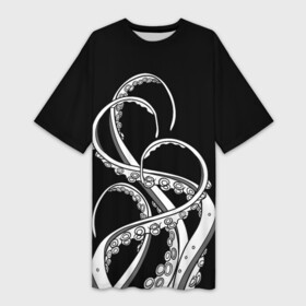 Платье-футболка 3D с принтом Octopus Black and White в Кировске,  |  | Тематика изображения на принте: fish | kraken | ocean spirit | octopus | sea | summer | вода | водный мир | животные | зверь | кальмар | кракен | лето | монстр | море | морская живность | морские обитатели | осьминог | отпуск | рыба | черно белый | чуд