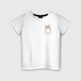 Детская футболка хлопок с принтом Корги в кармашке в Кировске, 100% хлопок | круглый вырез горловины, полуприлегающий силуэт, длина до линии бедер | вельш корги | звери | корги | собаки