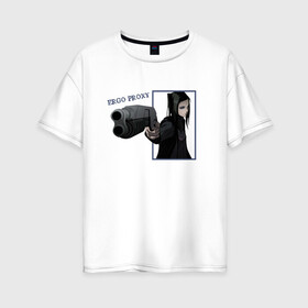 Женская футболка хлопок Oversize с принтом Риэл Мэйер (Эрго Прокси) в Кировске, 100% хлопок | свободный крой, круглый ворот, спущенный рукав, длина до линии бедер
 | ergo proxy | аниме | надпись | пистолет | риэл мэйер | черные волосы