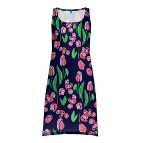 Платье-майка 3D с принтом Тюльпаны в Кировске, 100% полиэстер | полуприлегающий силуэт, широкие бретели, круглый вырез горловины, удлиненный подол сзади. | растительный узор | рисунок | синий | тюльпан | цветы