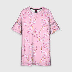 Детское платье 3D с принтом Цветущая розовая вишня в Кировске, 100% полиэстер | прямой силуэт, чуть расширенный к низу. Круглая горловина, на рукавах — воланы | Тематика изображения на принте: cherry blossom | sakura | азия | весна | ветки | вишня | для девушки | женский | милый | нежный | природа | розовый | сакура | цветение | цветочный принт | цветущая вишня | цветущие ветки | цветущий миндаль