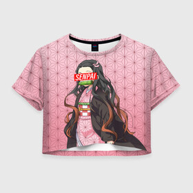 Женская футболка Crop-top 3D с принтом SENPAI NEZUKO НЕЗУКО ПАТТЕРН в Кировске, 100% полиэстер | круглая горловина, длина футболки до линии талии, рукава с отворотами | anime | demon slayer | kimetsu no yaiba | senpai | аниме | бесконечный поезд | зеницу | иноске | иноске хашибира | клинок | клинок рассекающий демонов | манга | недзуко | незука | незуко | нэзуко | рассекающий демонов