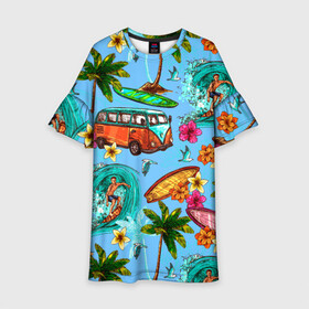 Детское платье 3D с принтом Пальмы волны серфинг в Кировске, 100% полиэстер | прямой силуэт, чуть расширенный к низу. Круглая горловина, на рукавах — воланы | Тематика изображения на принте: beach | club | palm | party | sea | summer | tropical | волна | волны | жара | летние | лето | море | очки | пальмы | пляж | серф | серфинг | тропический