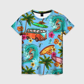 Женская футболка 3D с принтом Пальмы волны серфинг в Кировске, 100% полиэфир ( синтетическое хлопкоподобное полотно) | прямой крой, круглый вырез горловины, длина до линии бедер | beach | club | palm | party | sea | summer | tropical | волна | волны | жара | летние | лето | море | очки | пальмы | пляж | серф | серфинг | тропический