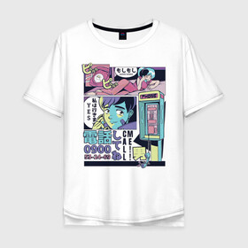 Мужская футболка хлопок Oversize с принтом Vaporwave Anime - Call me в Кировске, 100% хлопок | свободный крой, круглый ворот, “спинка” длиннее передней части | art | hp mp | japan | japanese | love | social life | tokyo | аниме | арт | вапорвейв | девочка из манги | здоровье | комиксы | любовь | мана | манга | паровая волна | персонаж аниме | рисунок в стиле аниме | социализация