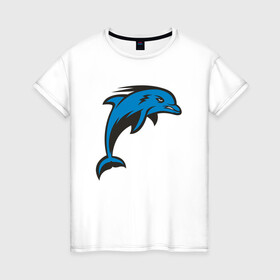 Женская футболка хлопок с принтом Злой дельфин в Кировске, 100% хлопок | прямой крой, круглый вырез горловины, длина до линии бедер, слегка спущенное плечо | dolphin | дельфин | дельфины | море | морские | на голубом | с дельфином