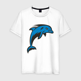 Мужская футболка хлопок с принтом Злой дельфин в Кировске, 100% хлопок | прямой крой, круглый вырез горловины, длина до линии бедер, слегка спущенное плечо. | dolphin | дельфин | дельфины | море | морские | на голубом | с дельфином