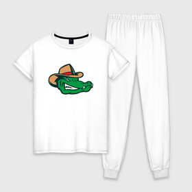 Женская пижама хлопок с принтом Аллигатор в панаме в Кировске, 100% хлопок | брюки и футболка прямого кроя, без карманов, на брюках мягкая резинка на поясе и по низу штанин | alligator | crocodile | reptile | аллигатор | крокодил | крокодильчик