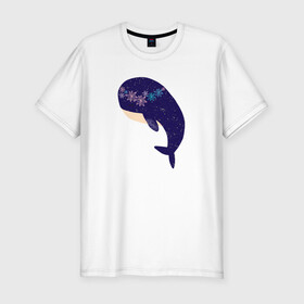 Мужская футболка хлопок Slim с принтом Кит в Кировске, 92% хлопок, 8% лайкра | приталенный силуэт, круглый вырез ворота, длина до линии бедра, короткий рукав | whale | белый кит | кит | киты | морские | паттерн | синий кит