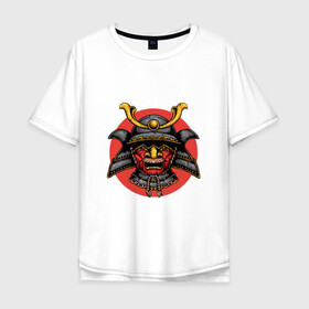 Мужская футболка хлопок Oversize с принтом Маска самурая в Кировске, 100% хлопок | свободный крой, круглый ворот, “спинка” длиннее передней части | арт | воин | демон | ёкай | китай | маска | рисунок | рога | самурай | солнце | япония