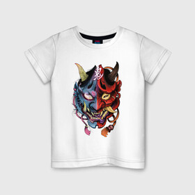 Детская футболка хлопок с принтом Два лица в Кировске, 100% хлопок | круглый вырез горловины, полуприлегающий силуэт, длина до линии бедер | арт | воин | двойная маска | демон | ёкай | китай | лицо | лицо демона | маска | рисунок | рога | самурай | япония