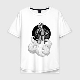 Мужская футболка хлопок Oversize с принтом Самурай наги в Кировске, 100% хлопок | свободный крой, круглый ворот, “спинка” длиннее передней части | арт | воин | демон | ёкай | змея | китай | манга | маска | мистическое существо | наги | рисунок | рога | самурай | чешуя | япония