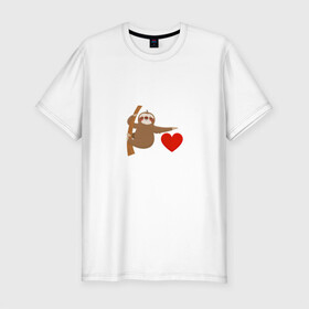 Мужская футболка хлопок Slim с принтом я люблю ленивцев в Кировске, 92% хлопок, 8% лайкра | приталенный силуэт, круглый вырез ворота, длина до линии бедра, короткий рукав | Тематика изображения на принте: животные | ленивец | любовь | милый | сердце | я люблю ленивцев