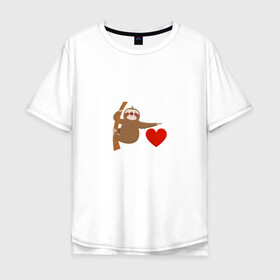 Мужская футболка хлопок Oversize с принтом я люблю ленивцев в Кировске, 100% хлопок | свободный крой, круглый ворот, “спинка” длиннее передней части | Тематика изображения на принте: животные | ленивец | любовь | милый | сердце | я люблю ленивцев