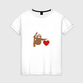 Женская футболка хлопок с принтом я люблю ленивцев в Кировске, 100% хлопок | прямой крой, круглый вырез горловины, длина до линии бедер, слегка спущенное плечо | животные | ленивец | любовь | милый | сердце | я люблю ленивцев