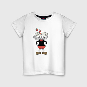 Детская футболка хлопок с принтом Cuphead в Кировске, 100% хлопок | круглый вырез горловины, полуприлегающий силуэт, длина до линии бедер | Тематика изображения на принте: cuphead | game | красная соломинка | платформер | стоит