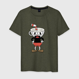 Мужская футболка хлопок с принтом Cuphead в Кировске, 100% хлопок | прямой крой, круглый вырез горловины, длина до линии бедер, слегка спущенное плечо. | cuphead | game | красная соломинка | платформер | стоит