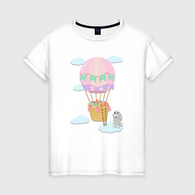Женская футболка хлопок с принтом кролик и воздушный шар в Кировске, 100% хлопок | прямой крой, круглый вырез горловины, длина до линии бедер, слегка спущенное плечо | воздушный шар | детская иллюстрация | зайчик | зеленый | коробка | кролик | небо | облако | подарки | розовый | сюрприз