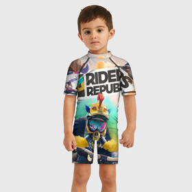 Детский купальный костюм 3D с принтом Riders Republic в Кировске, Полиэстер 85%, Спандекс 15% | застежка на молнии на спине | Тематика изображения на принте: gamer | games | open world | rider | ubisoft
