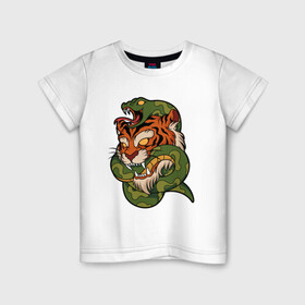 Детская футболка хлопок с принтом Тигр кусает змею в Кировске, 100% хлопок | круглый вырез горловины, полуприлегающий силуэт, длина до линии бедер | битва | змея | кобра | тигр | хищники | яд