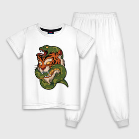 Детская пижама хлопок с принтом Тигр кусает змею в Кировске, 100% хлопок |  брюки и футболка прямого кроя, без карманов, на брюках мягкая резинка на поясе и по низу штанин
 | битва | змея | кобра | тигр | хищники | яд