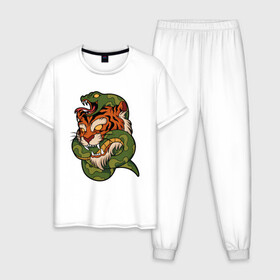 Мужская пижама хлопок с принтом Тигр кусает змею в Кировске, 100% хлопок | брюки и футболка прямого кроя, без карманов, на брюках мягкая резинка на поясе и по низу штанин
 | битва | змея | кобра | тигр | хищники | яд